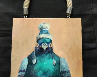 Pigeon in Pom Pom Hat Fat Bird Winter Bird Christmas art Acrylic Painting