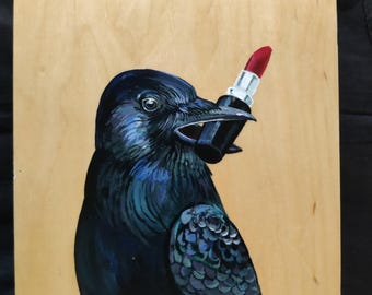 Crow with a red lipstick acrylic painting on woodboard