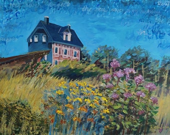 Haus am Meer Gemälde Romantischer Garten Cottagecore Gemälde Kunst Französisch Herrenhaus Cottagecore Dekor Acrylkunst Landschaft
