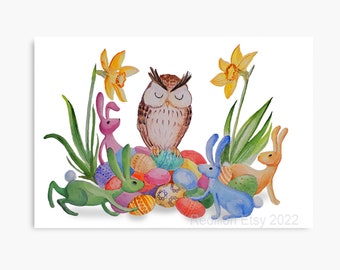 Watercolor Owl and Bunny Easter card last-minute Download