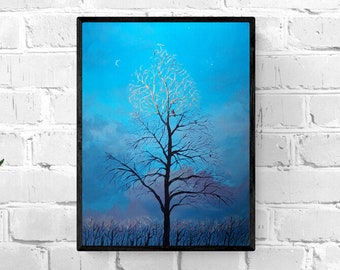 Blue evening old moon owl on a tree acrylic painting