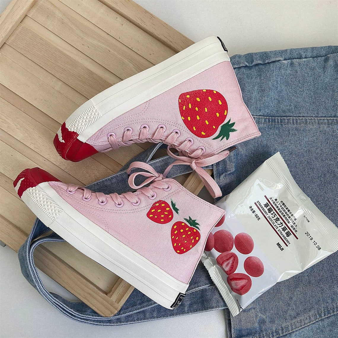 Strawberry Canvas Shoes Cute Pink Sneakers Personalise High Etsy