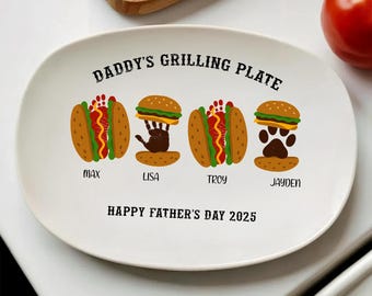 Personalized Handprint Grilling Plate for Dad – Custom Father’s Day Gift from Kids – BBQ Serving Tray for Husband or Grill Master