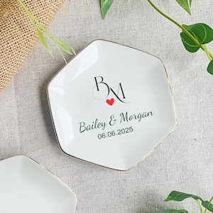 Custom Jewelry Tray, Personalized Ceramic Ring Dish, Initials Heart Date Ring Dish, Wedding Gift, Engagement Ring Holder, Anniversary Gift.