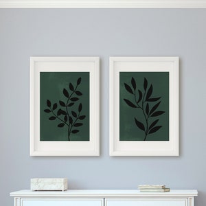 Dark Green Modern Botanical Printable Wall Art, Minimalist Green Leaf Art, Abstract Botanical Print, Black Leaves Print, Mid Century Art