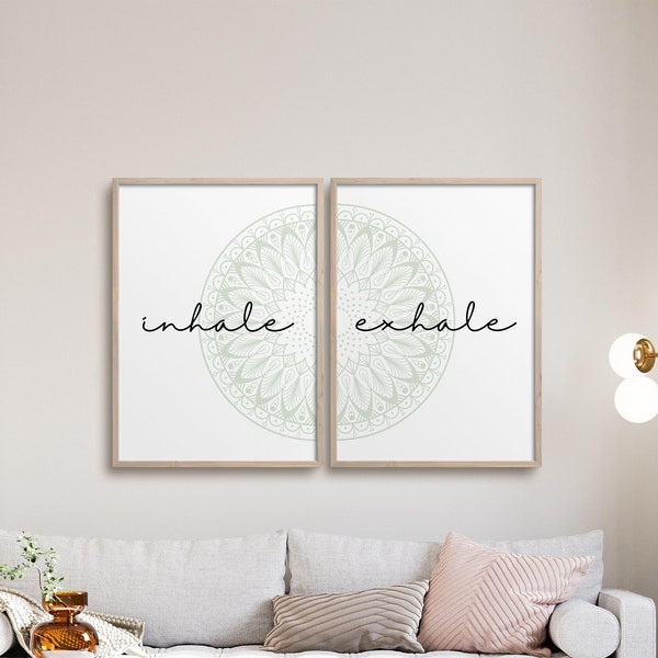 INHALE EXHALE Poster with Mandala, Wellness typography wall art, Black and White Wall Print, Sage Green Mandala Printable Poster, Set of 2