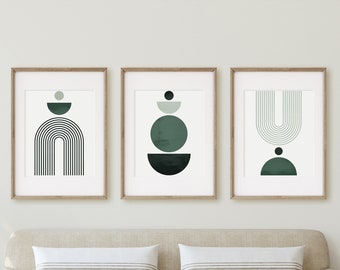 Set of 3 Prints, Dark Green Mid Century Printable Wall Art, Abstract Gallery Wall Set, Modern Art Poster Bundle, Dark Green Boho Wall Print