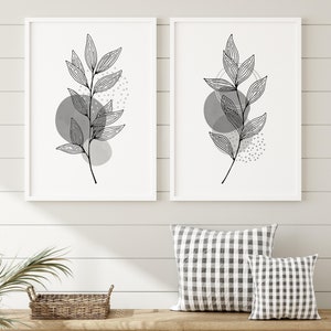 Black Gray Modern Botanical Printable Wall Art, Minimalist Abstract Leaf Art, Line Botanical Print, Black Leaves Print, Mid Century Art