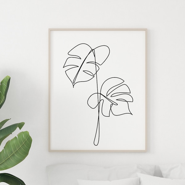 Monstera one line drawing printable wall art, simple botanical wall decor, single line art print, modern interior poster, black line art