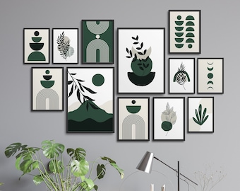 May include: A gallery wall of 10 framed prints with abstract geometric shapes and botanical illustrations in shades of green and beige. The prints are arranged in a symmetrical pattern on a gray wall.