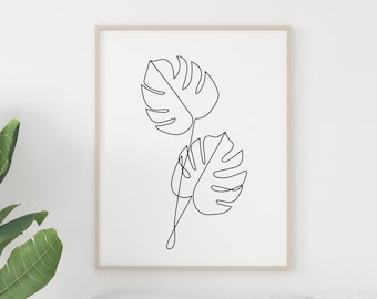 Monstera Leaf Line Art Print, Modern Botanical Decor (Digital Download)