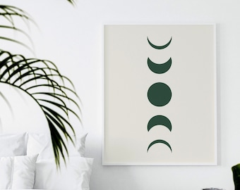 May include: A white framed print featuring a minimalist design of five green moon phases on a cream background. The print is hanging on a white wall in a bedroom setting.