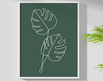 Monstera one line drawing printable wall art, simple botanical wall decor, single line art print, modern interior poster, dark green poster
