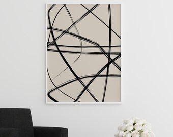 Abstract line printable wall art, Black Beige one line drawing art, brush stripe wall decor, geometric art print, modern interior poster