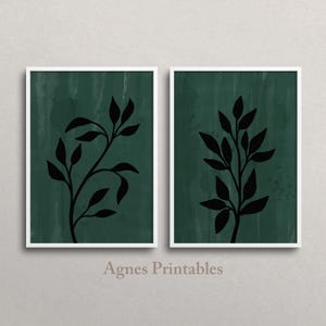 Dark Green Modern Botanical Printable Wall Art, Minimalist Black Leaf Art, Abstract Botanical Print, Black Leaves Print, Mid Century Art