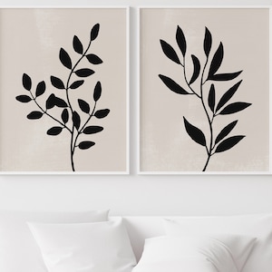 Black Beige Modern Botanical Printable Wall Art, Minimalist Neutral Leaf Art, Abstract Botanical Print, Black Leaves Print, Mid Century Art