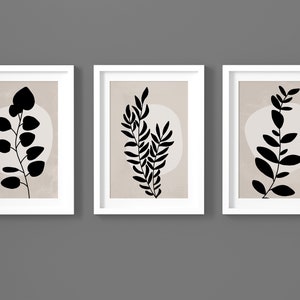 Black Beige Modern Botanical Printable Wall Art, Minimalist Neutral Leaf Art, Abstract Botanical Print, Black Leaves Print, Mid Century Art