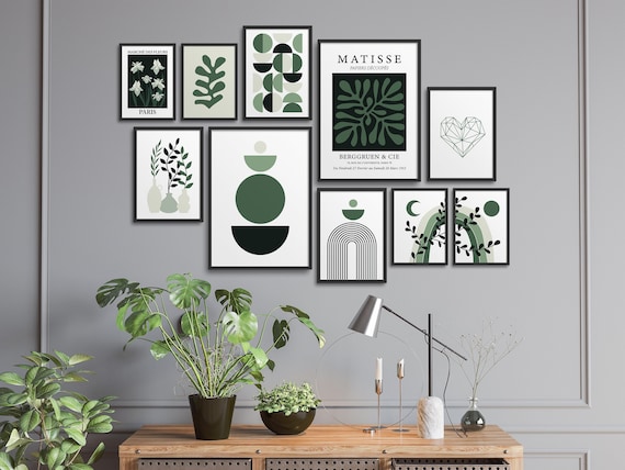 Minimalist Gallery Wall Set of 10 Prints, Dark Green Boho