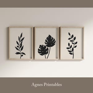 Black Beige Modern Botanical Printable Wall Art, Minimalist Neutral Leaf Art, Abstract Botanical Print, Black Leaves Print, Mid Century Art