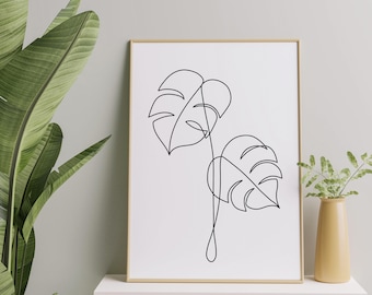 Monstera Leaf Line Art Print, Botanical Wall Decor (Digital Download)