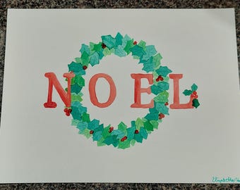 NOEL Christmas Wreath Watercolor Painting 9x12 holiday mantle art artwork festive