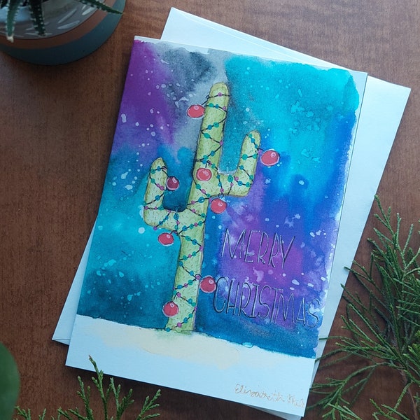 Handmade Watercolor Christmas Card Print: Christmas Cactus