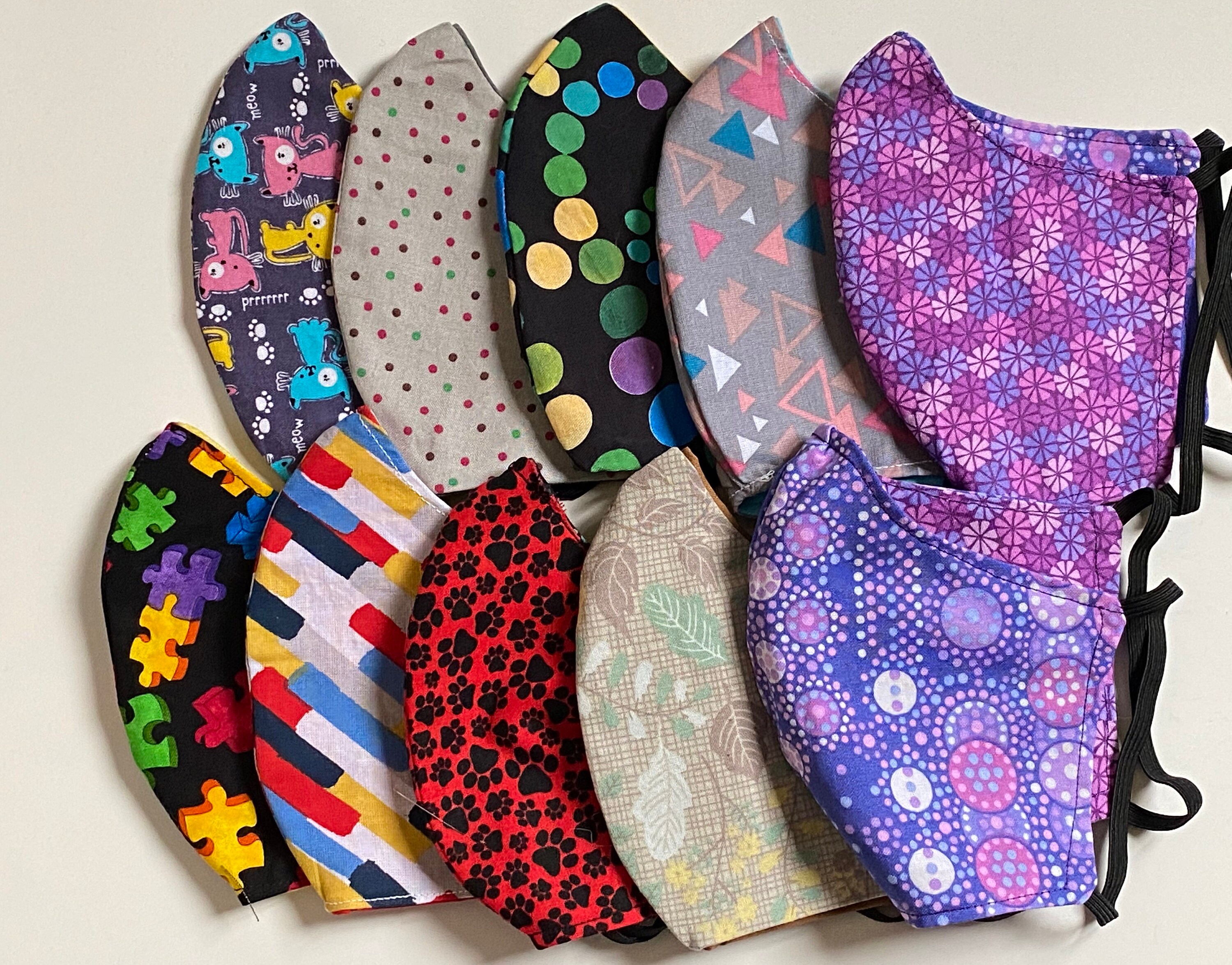 Fun multi colored face masks Part 2. 100% Cotton, 2 fabric layers, reversible, double sided, pre-washed,
