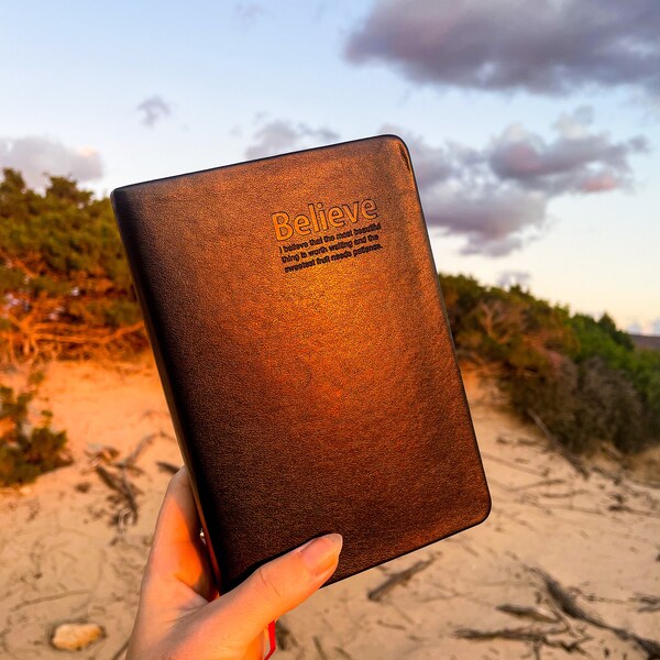 Beleive fux leather, gold bound journal, dream journal, diary, book of shadows