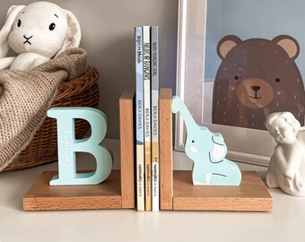 First initial, personalised elephant bookend, Bookends for Kids Room Baby Nursery Decor Bedroom Book End Decorations for Room or Nursery