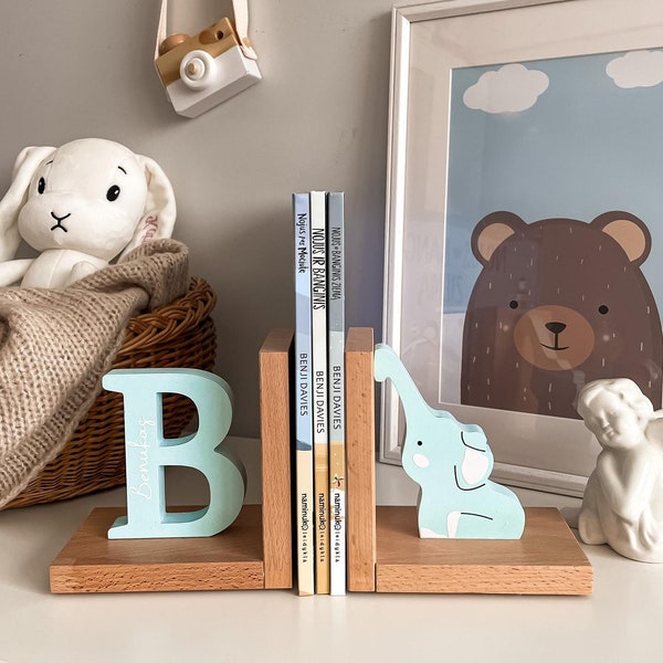 First initial, personalised elephant bookend, Bookends for Kids Room Baby Nursery Decor Bedroom Book End Decorations for Room or Nursery