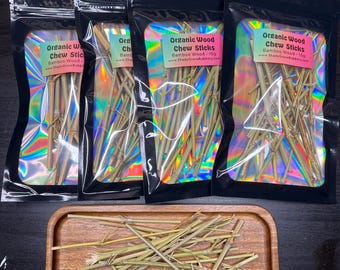 Palitos masticables de madera orgánica: manzana, pera, sauce, bambú y rosa