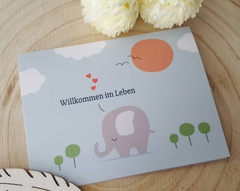 Klappkarte Grußkarte zur Geburt "Willkommen im Leben" Elephant blau