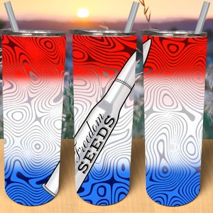 Rifle Bullet silver patriotic red white and blue skinny straight tumbler sublimation design 20 oz. damascus steel seamless