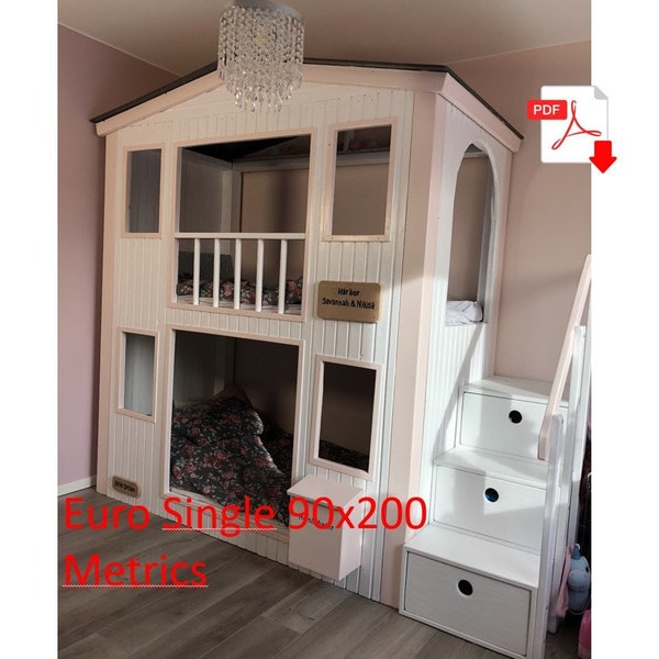 Bunk bed Playhouse, Euro Single 90x200, Diy Build plan, Digital download Pdf, Woodworking Plans