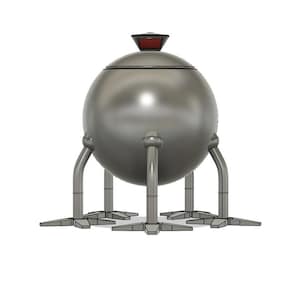 May include: A metallic silver spherical object with a lid and a small red rectangular top. The sphere rests on six legs with flat, rectangular feet. The design has a futuristic, industrial aesthetic.