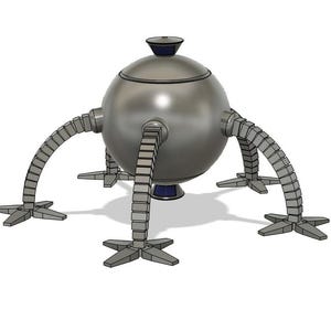 Könnte beinhalten: Ein silberfarbenes, kugelförmiges Objekt mit vier gelenkigen Beinen und einer kleinen, dunkelblauen Kappe. Die Beine sind segmentiert und enden in sternförmigen Füßen. Das Objekt hat ein futuristisches, mechanisches Design.