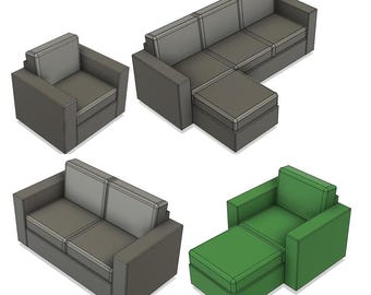 Sofa group, 3-seater, 2-seater, Armchair, Recliner, Dollfurnitures, Miniatyr, Set of STL-files for 3D printing,