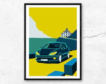 Peugeot 206 printed on natural mate fine art paper, gift, illustration, poster, car print, birthday, wall print, artwork.