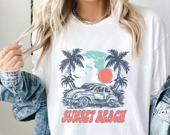 T-shirt unisexe Sunset Beach California Comfort Colors, tee-shirt beachy vintage, t-shirt rétro rustique Cali Girl, Coastal Beach Vibes, chemise VW Bug