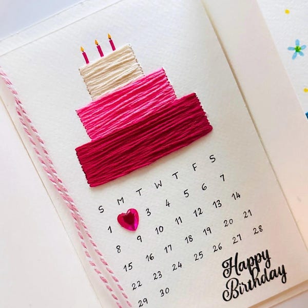 Handmade Embroidered Birthday Cake Card: Personalized Date, Unique stitched greeting card,special keepsake birthday card