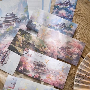 Papel para escribir cartas con sobres, juego de papelería para escribir para amigos por correspondencia, papel para escribir estilo chino, juego de invitaciones estilo cabaña de cuento de hadas