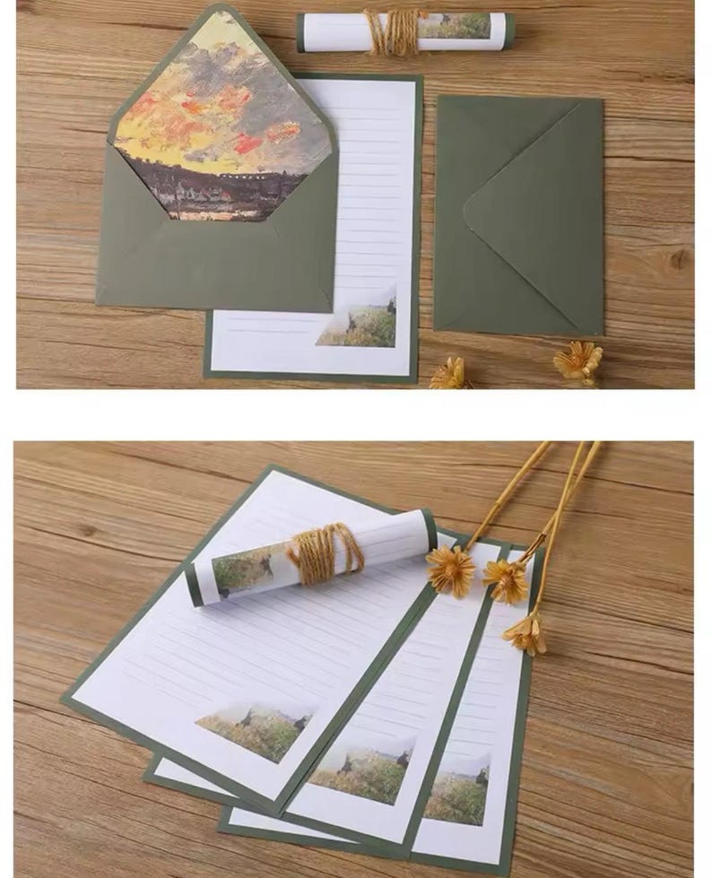 Pu&ograve; includere: Un set di quattro buste verdi con carta bianca rigata e un'immagine di paesaggio su ogni foglio. Le buste hanno una linguetta con una punta appuntita. La carta &egrave; arrotolata con uno spago.