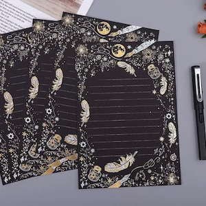 Juego de sobres de papel para escribir cartas con detalles dorados, juego de cartas de invitación mágicas encantadas, papel de cuento de hadas encantado cottagecore