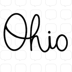 May include: Black and white cursive script spelling out the word "Ohio".