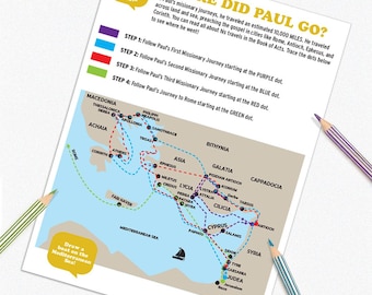 Paul's Missionary Journey - Kids Map Trace Activity Sheet - Digital Download - Printable