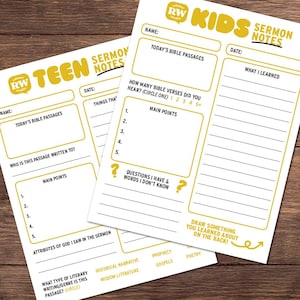 Könnte beinhalten: Zwei weiße Predigtnotizblätter mit gelbem Text und Akzenten. Ein Blatt trägt die Aufschrift "KIDS SERMON NOTES" und das andere "TEEN SERMON NOTES". Beide Blätter haben Platz für Notizen, Bibelstellen und Fragen.