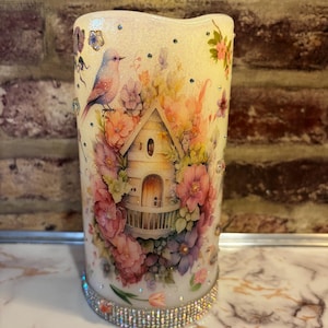 bird, birdhouse and floral flameless candle with timer and flower charms, birdhouse, bird and flower flameless candle with batteries
