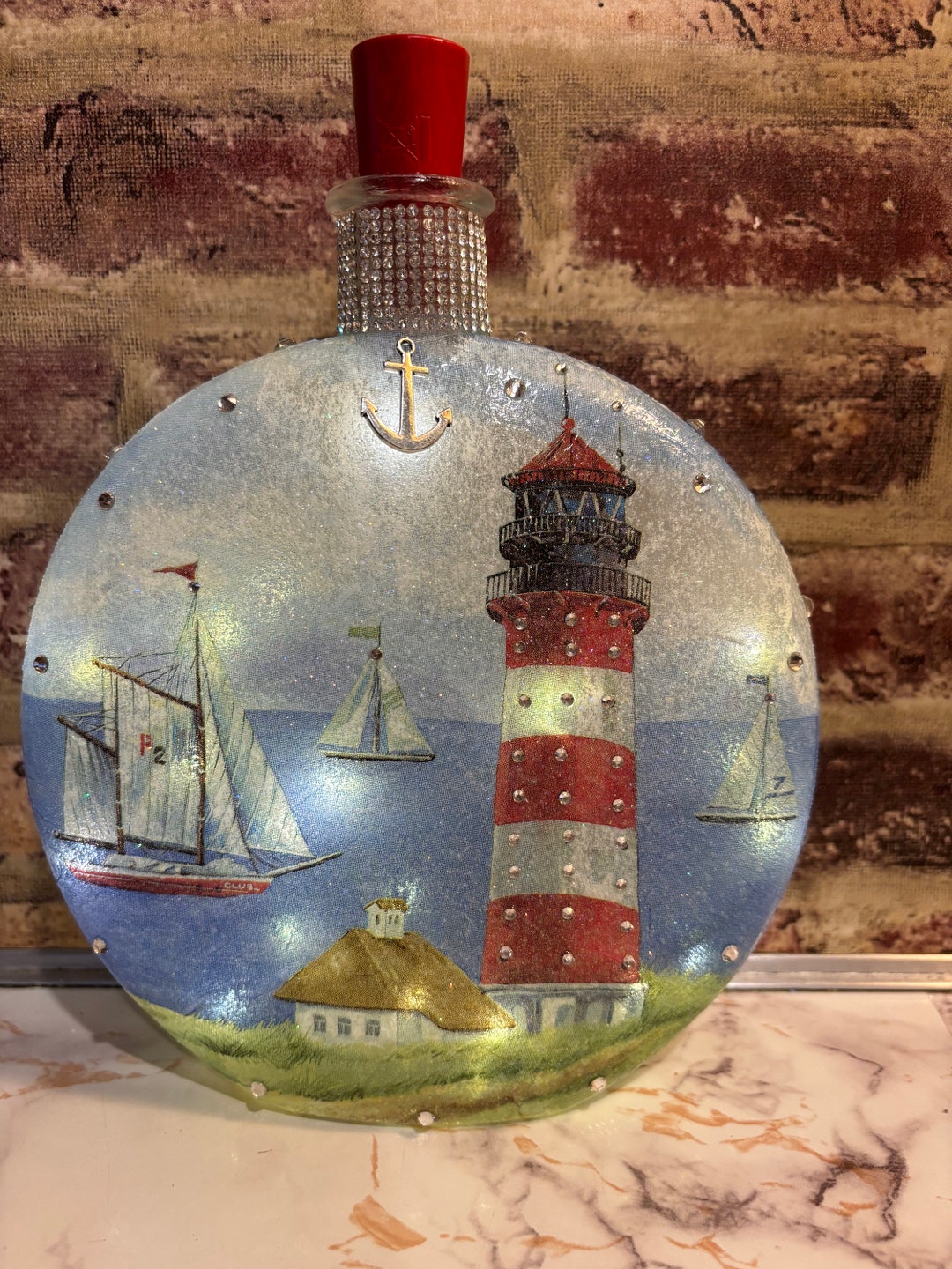 Lighthouse Lighted Decor, Oval Jar Light With Lighthouse and Ships, Lighthouse Jar Light With