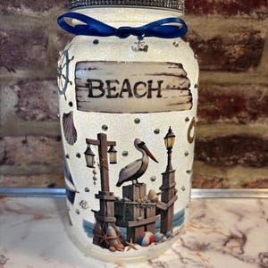 beach light up jar with remote, beach scene mason jar light with remote, beach lighted accents, beach lighted decor, beach jar light, gifts