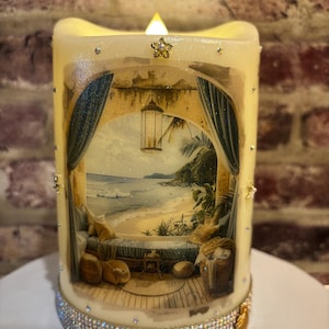 Beach scene flameless candle with charms and timer, Beach scene flameless candle with timer and batteries, Beach lighted decor, gifts